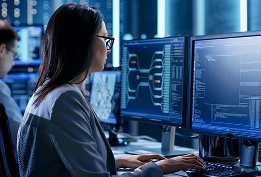 Engineer on Two Desktop Computers