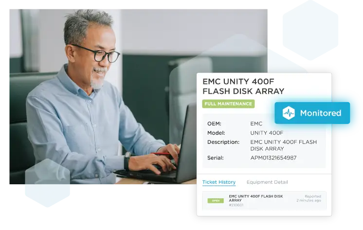 Happy male customer at laptop checking his equipment status via ExpressConnect