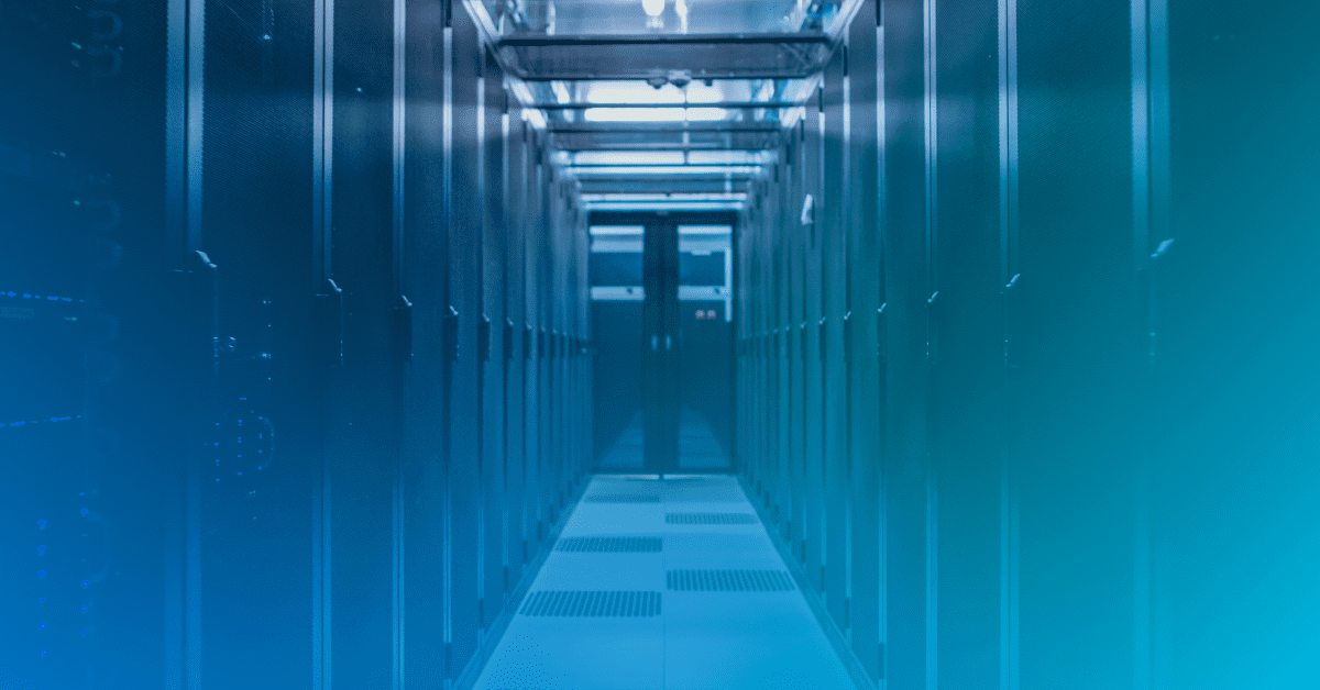 hypercoverged infrastructure image. Data center hallway with blue gradient