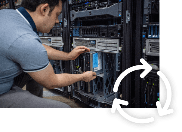 An image of an engineer pulling a part out of an equipment rack with a circular arrow icon overlaying it