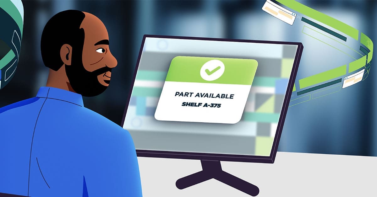 A cartoon image of a Service Express engineer checking parts availability on a computer