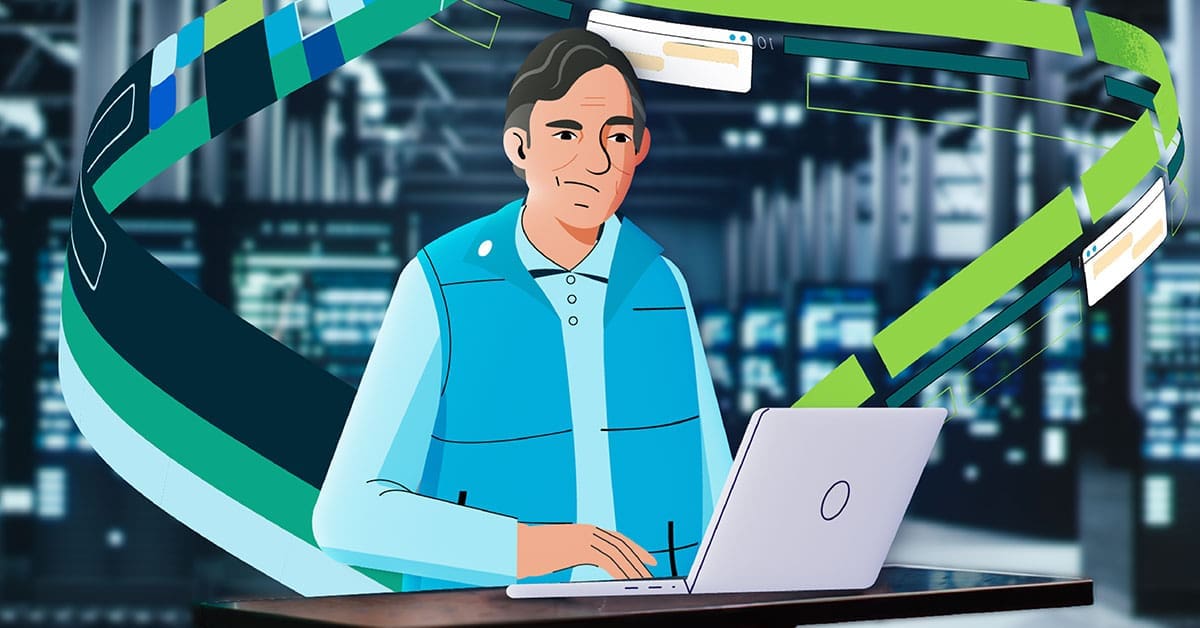 A cartoon image of a customer looking up their service insights on a laptop