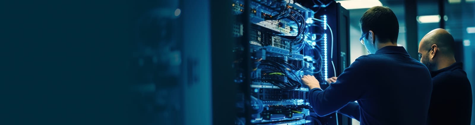 An image of two male engineers connecting cables on networking equipment in a data center