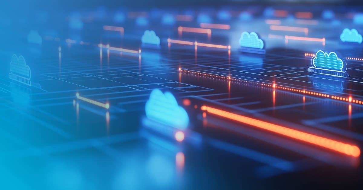 Lit-up blue clouds surrounded by red lights