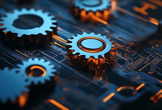 An image of a circuit board with gears on top