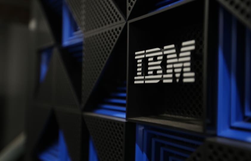 A close up of the IBM logo on equipment