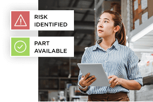 An image of a worker in a warehouse. Icons for Risk Identified and Part Available overlay the image.