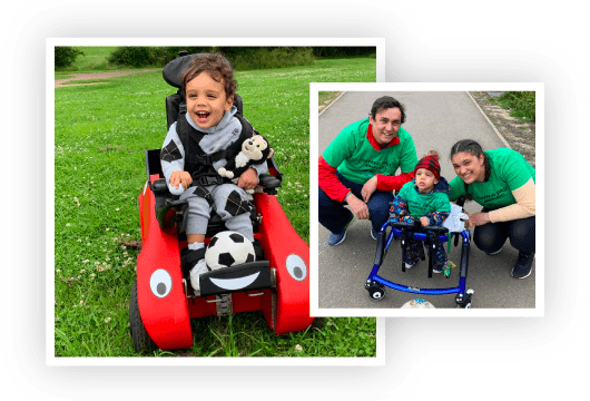 A collage of two images one of a smiling child in a racecar shaped wheel chair and the other of the child surrounded by his parents