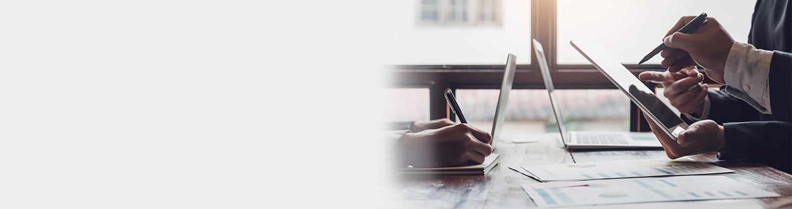 Close-Up Hands Pointing, With Pen, Near Laptops and Tablet