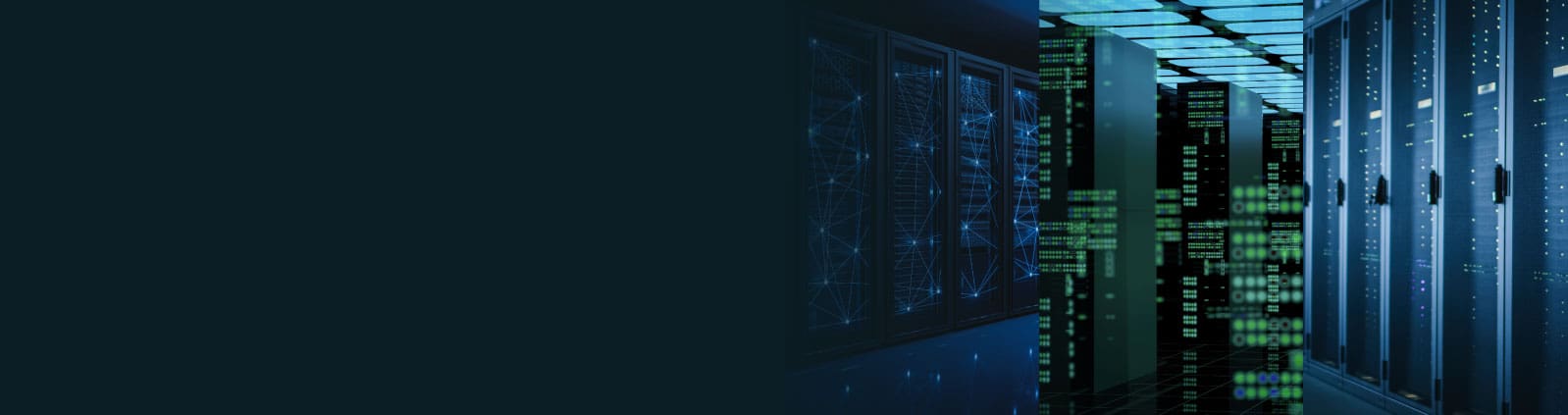 An image of equipment in a data center superimposed with blinking lights