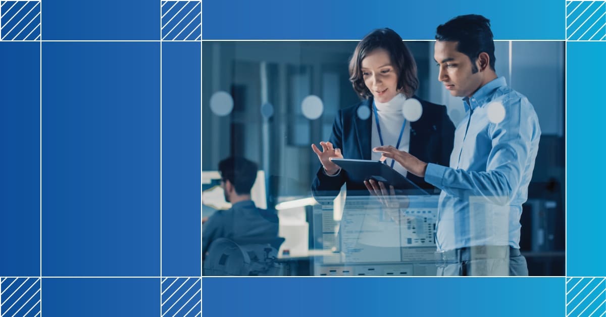 Male and female scrolling in a tablet with dimly-lit tech background