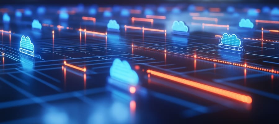 Lit-up blue clouds surrounded by red lights