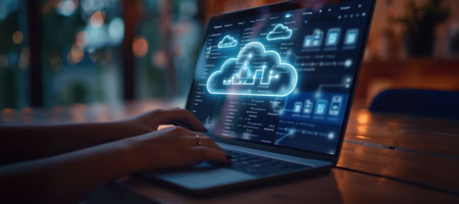 An image of hands typing at a laptop with cloud graphics on the screen