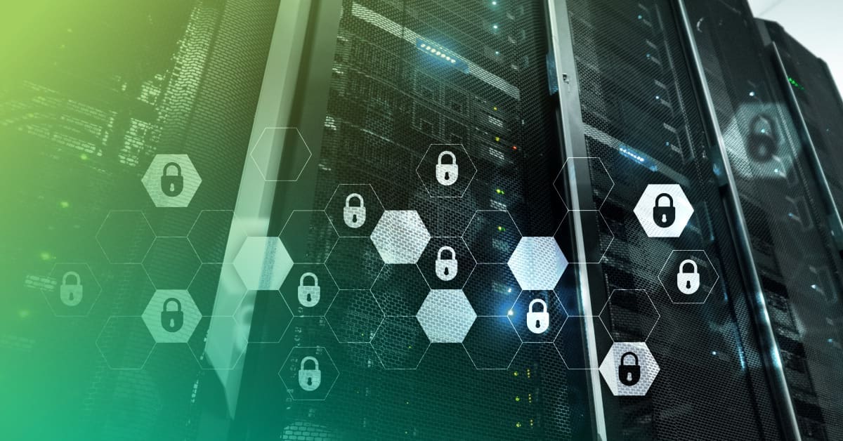 An image of a data center rack with padlock graphics overlayed