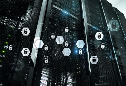 An image of a data center rack with padlock graphics overlayed