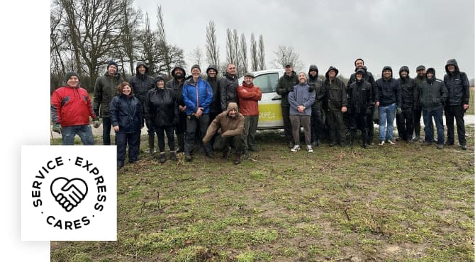 An image of volunteers in a field with the SE Cares logo