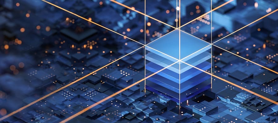 A stylized image of stacked boxes on top of a circuit board