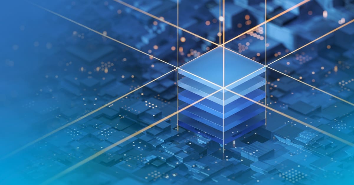 A stylized image of stacked boxes on top of a circuit board