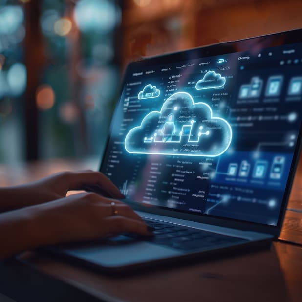 A close up of hands at a laptop where a cloud graphic is on screen