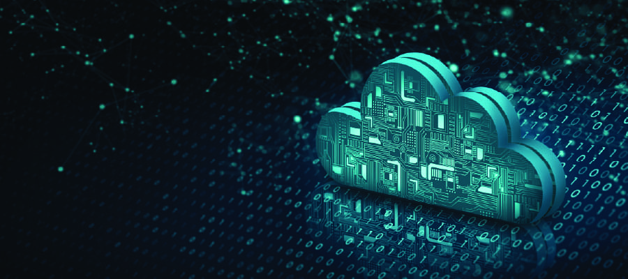 A graphic of a cloud with circuits on it, sitting on top of ones and zeros